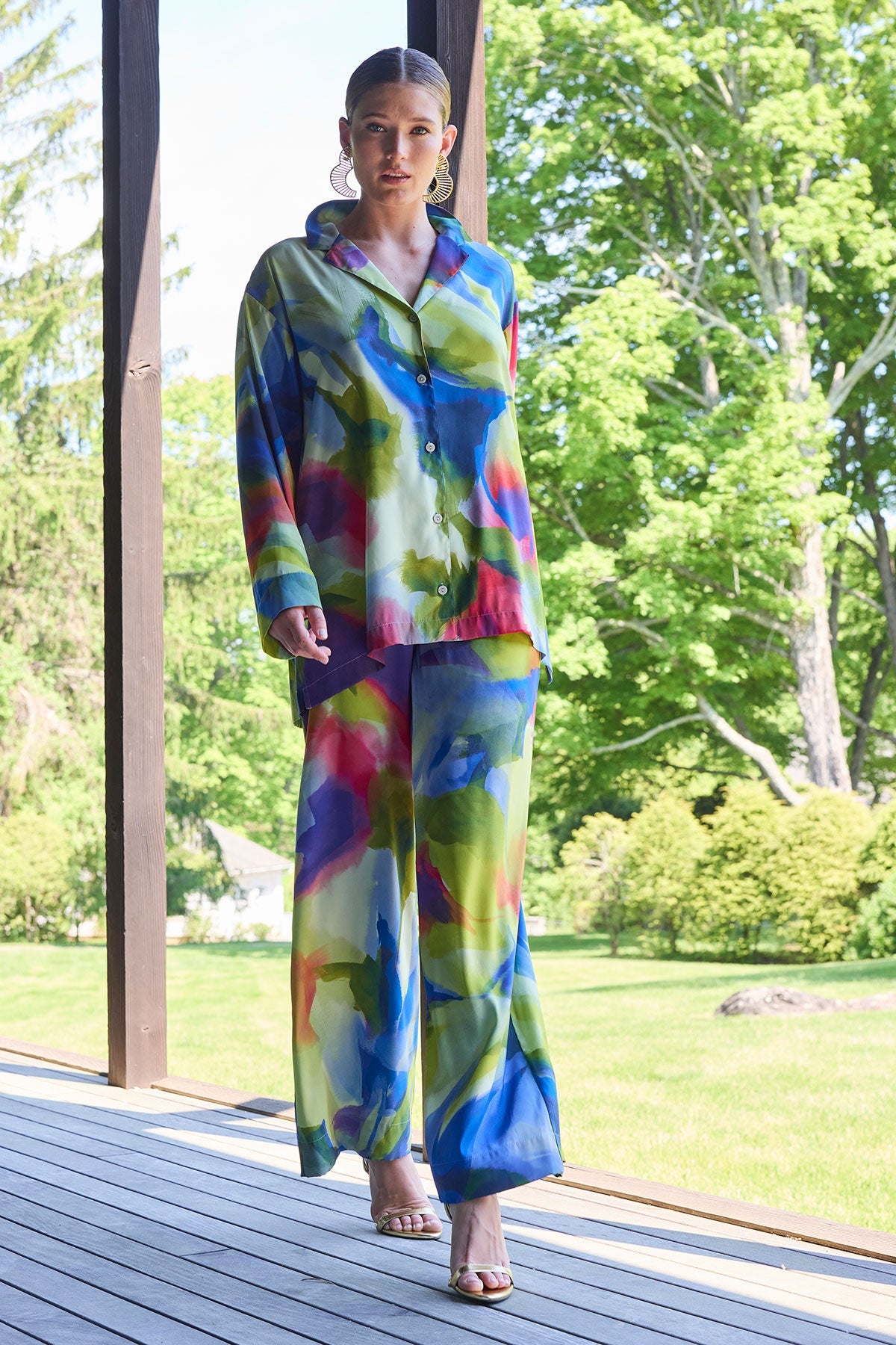 Kumo Printed Stretch Satin Oversized Notch Shirt Kumo Multi