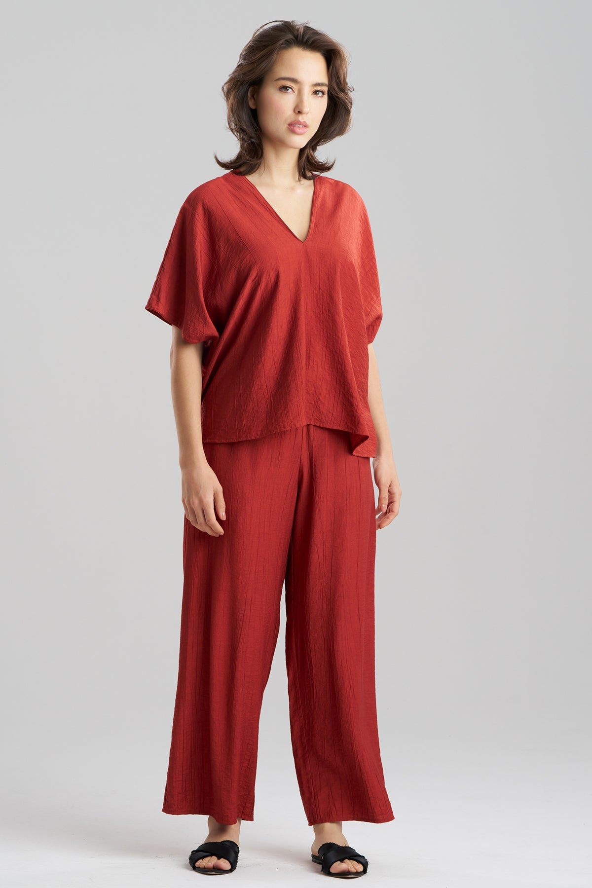 Terra Foil Crinkle Caftan Shirt Brick