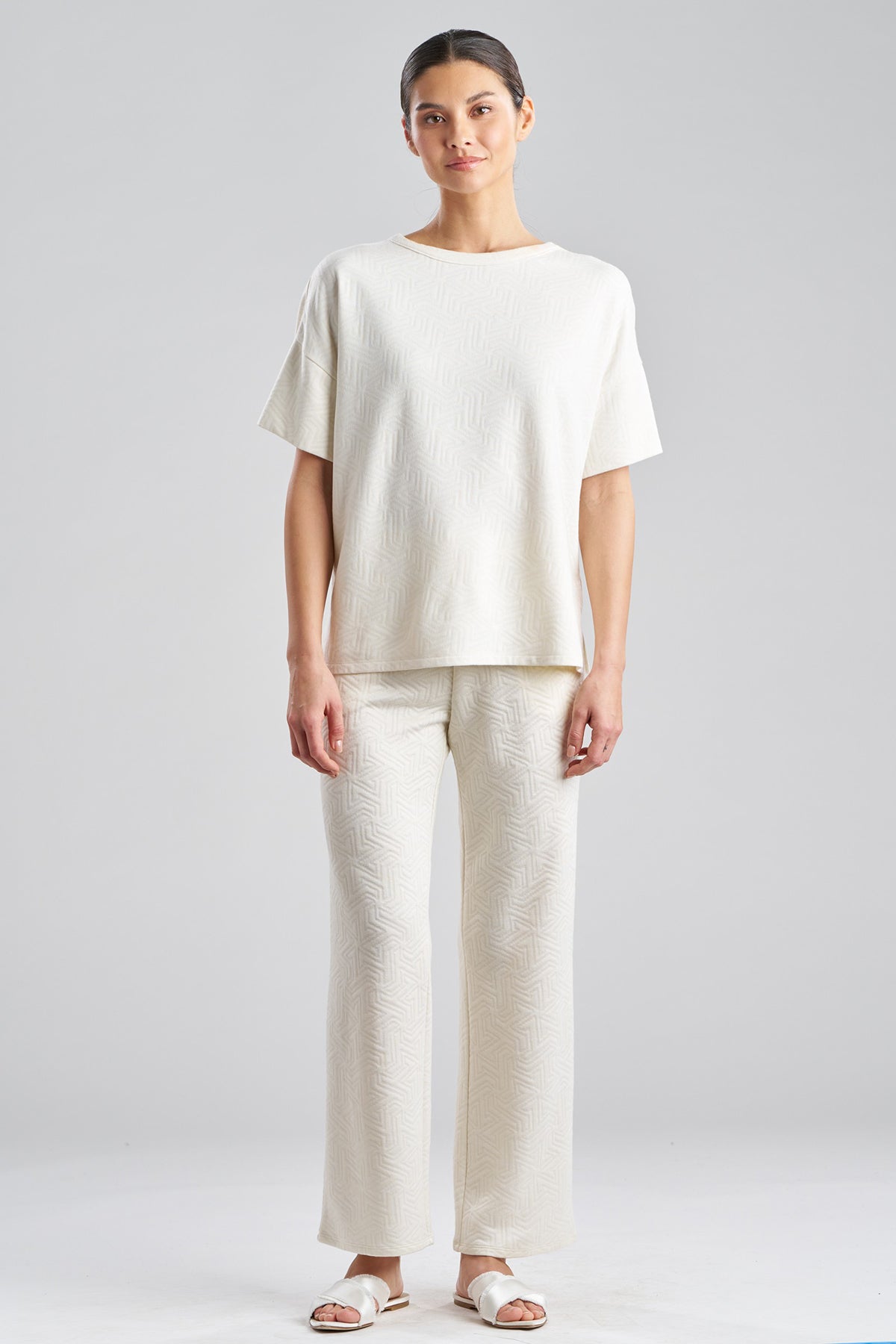 Quilted Geo Knit Jacquard Short Sleeve Top White Opal