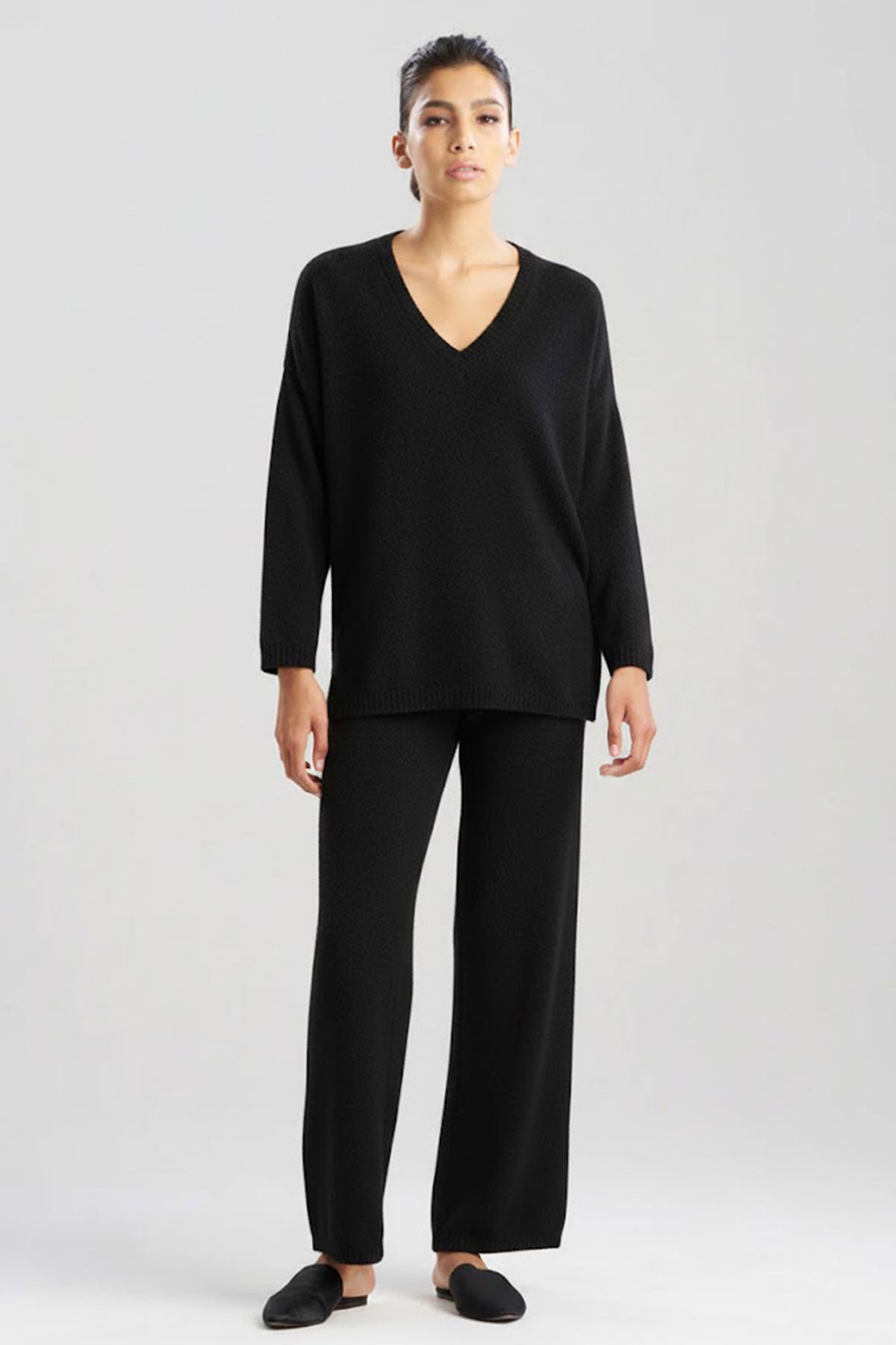 Aura Solid Chenille V-Neck Top Black