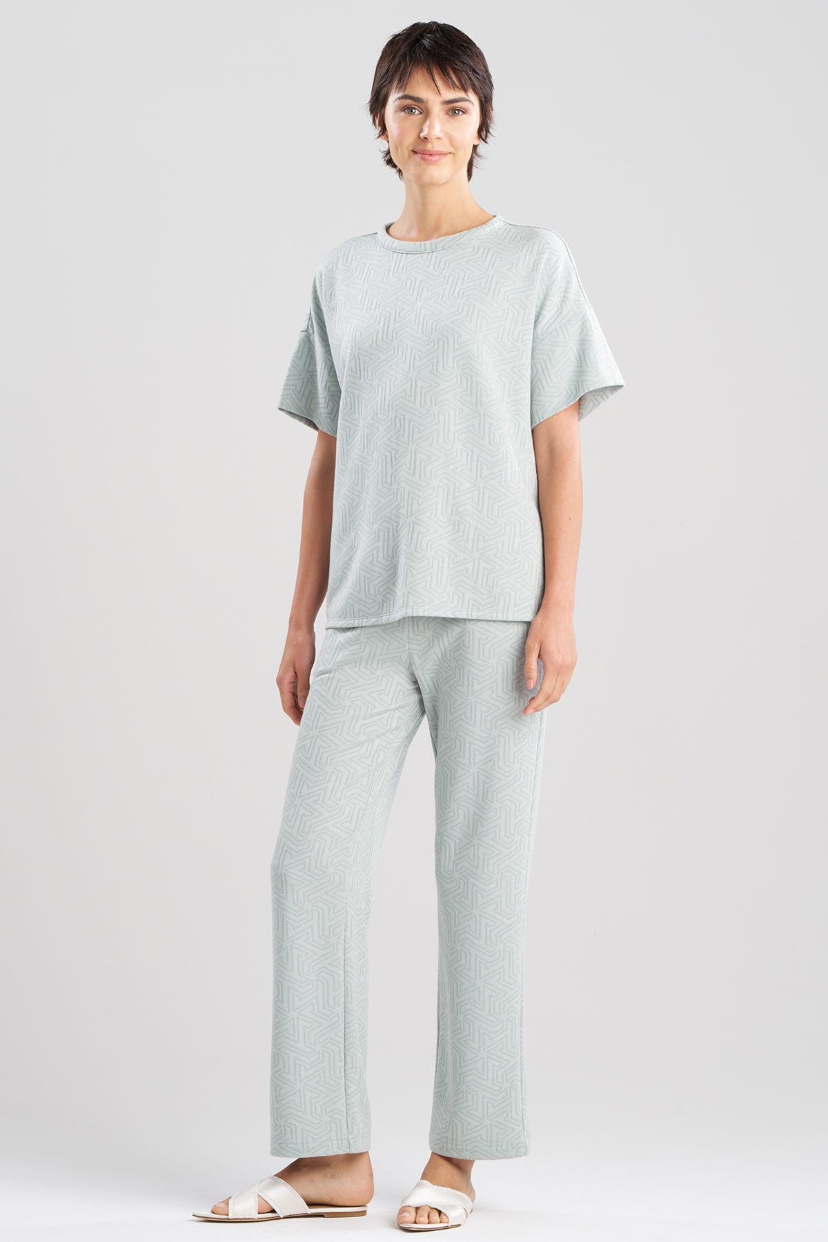 Quilted Geo Knit Jacquard Short Sleeve Top Ocean Mist