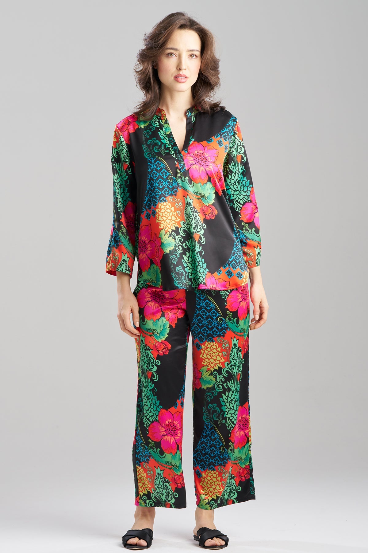 Harvest Printed Satin Mandarin PJ Set Harvest Black