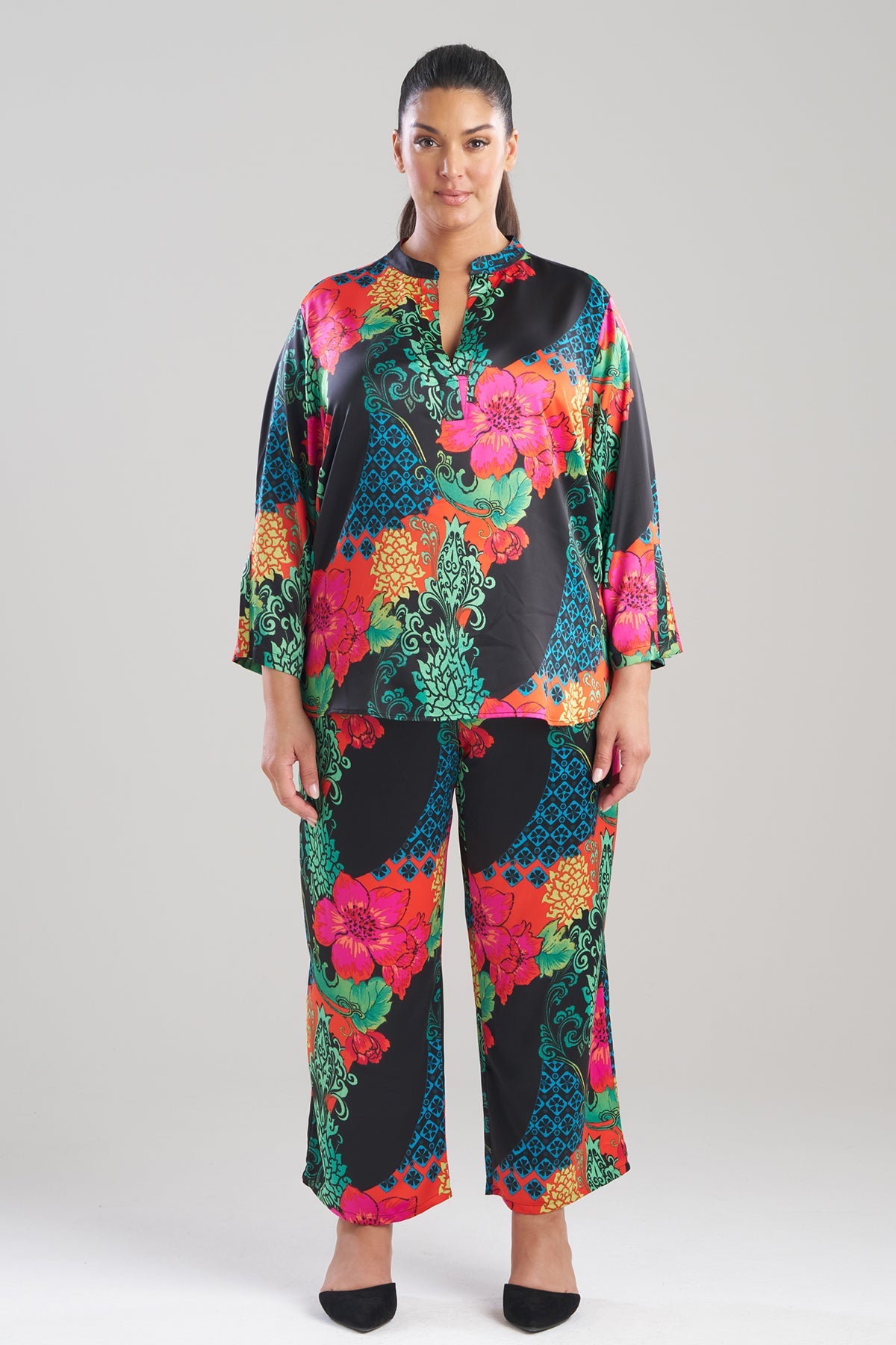 Harvest Printed Satin Mandarin PJ Set Harvest Black