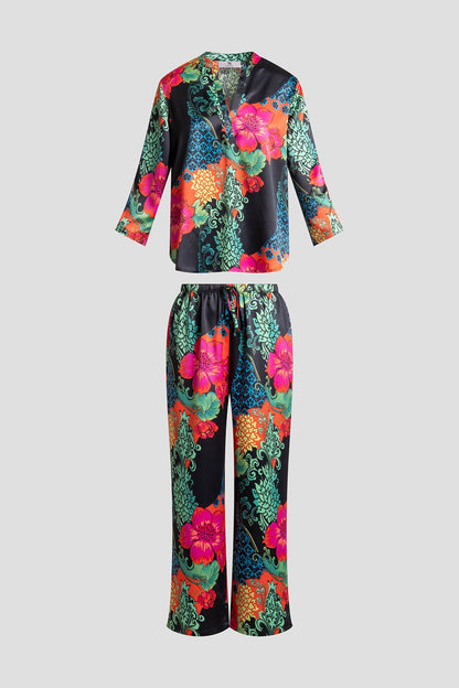 Harvest Printed Satin Mandarin PJ Set Harvest Black