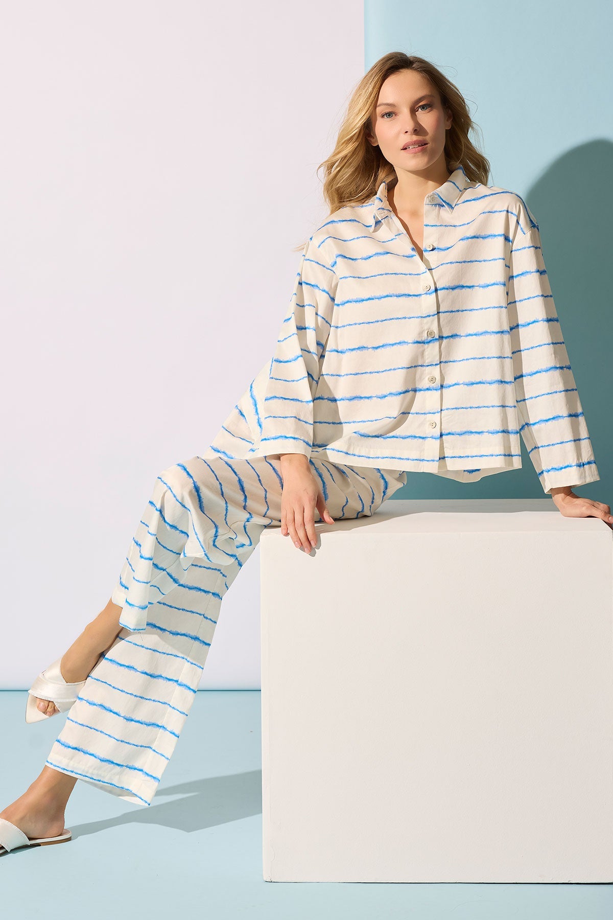 Shibori Cotton Sateen Notch PJ White Blue Combo