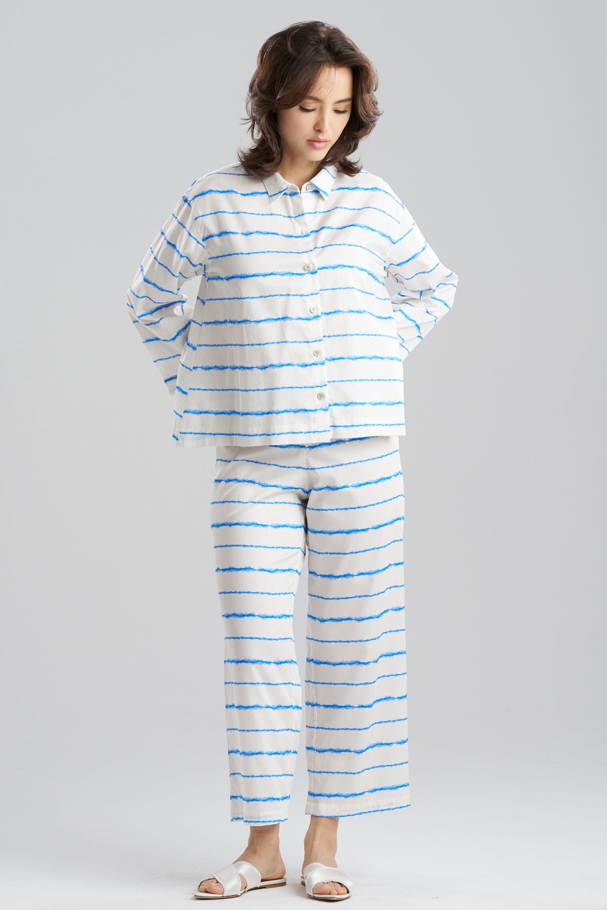 Shibori Cotton Sateen Notch PJ White Blue Combo