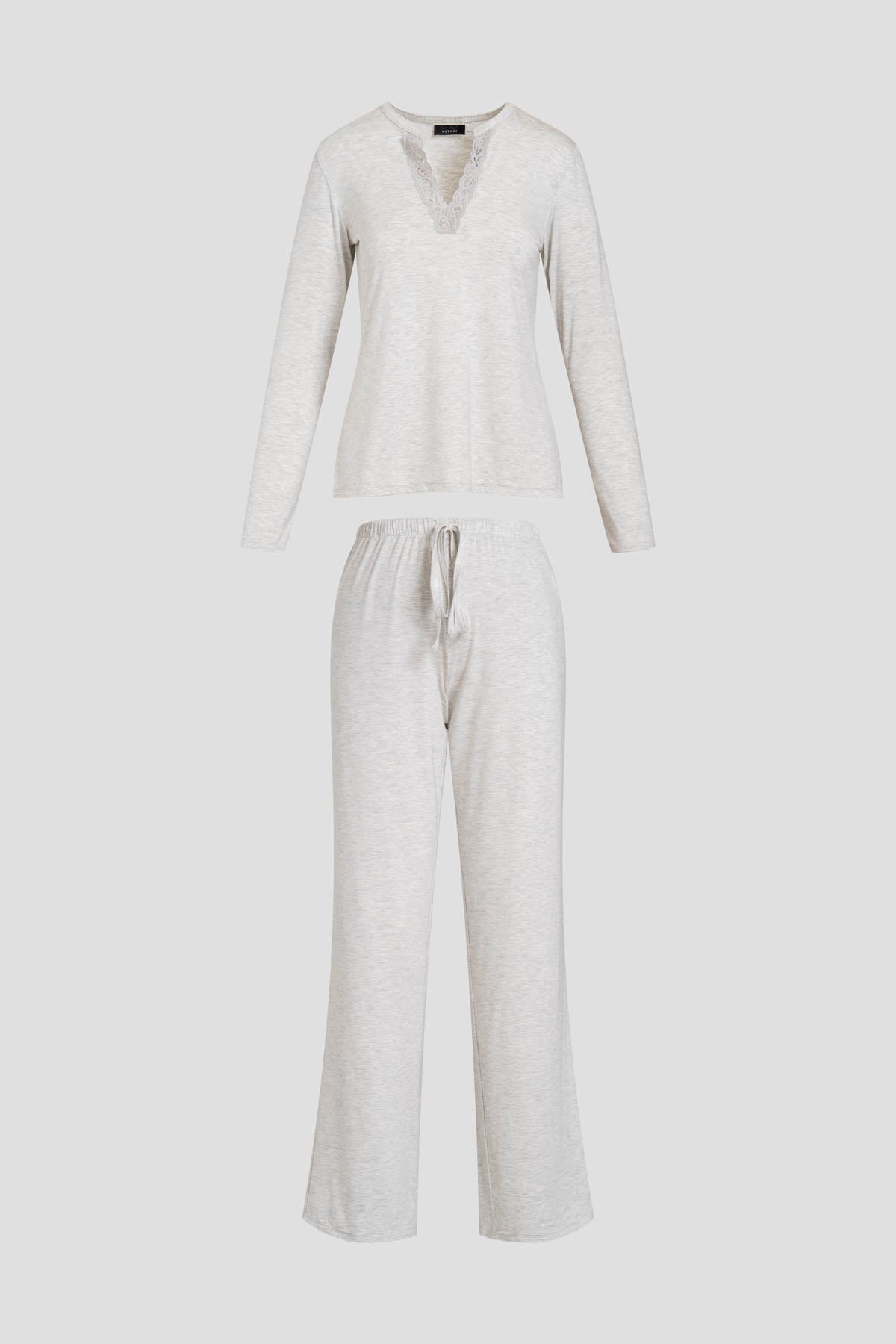 Buy Feathers Essentials Lenzing™ Ecovero™ Viscose Lace Applique PJ in Heather Pebblestone Online Light Heather Grey