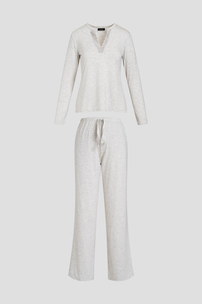 Buy Feathers Essentials Lenzing™ Ecovero™ Viscose Lace Applique PJ in Heather Pebblestone Online Light Heather Grey