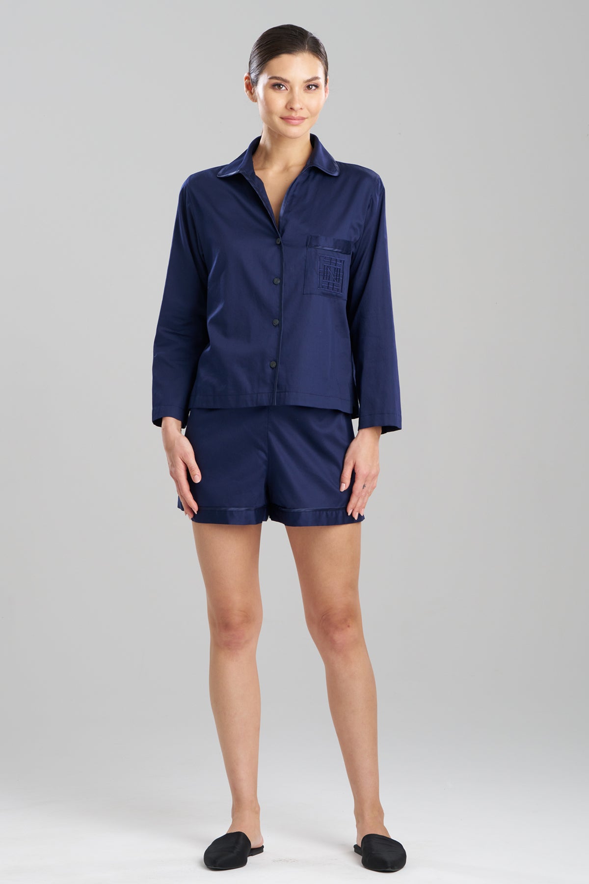 Cotton Sateen Embroidered Essentials Notch Shorts PJ Midnight Navy