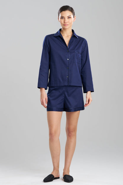 Cotton Sateen Embroidered Essentials Notch Shorts PJ Midnight Navy