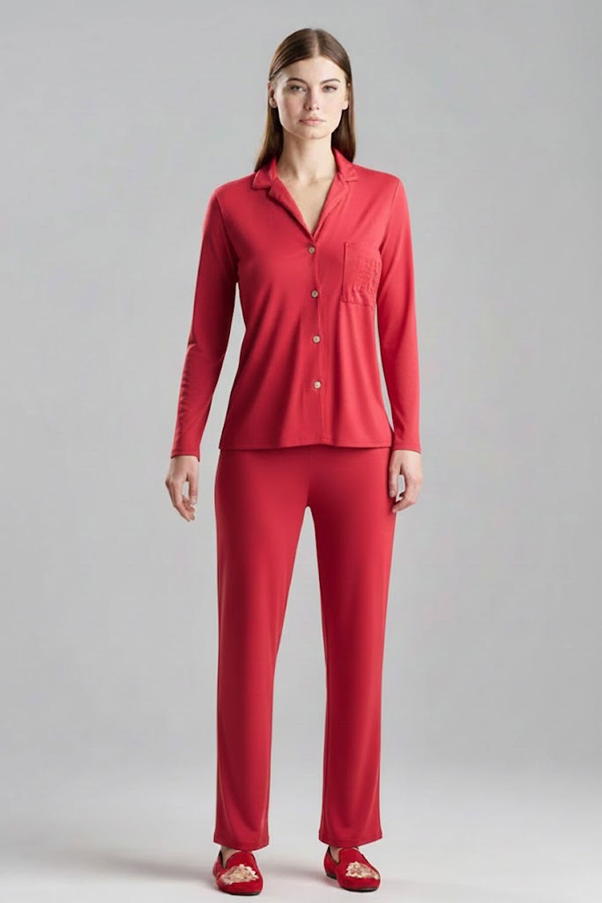 Buy Shangri-La Embroidered Notch PJ in Crimson Red Online Crimson Red