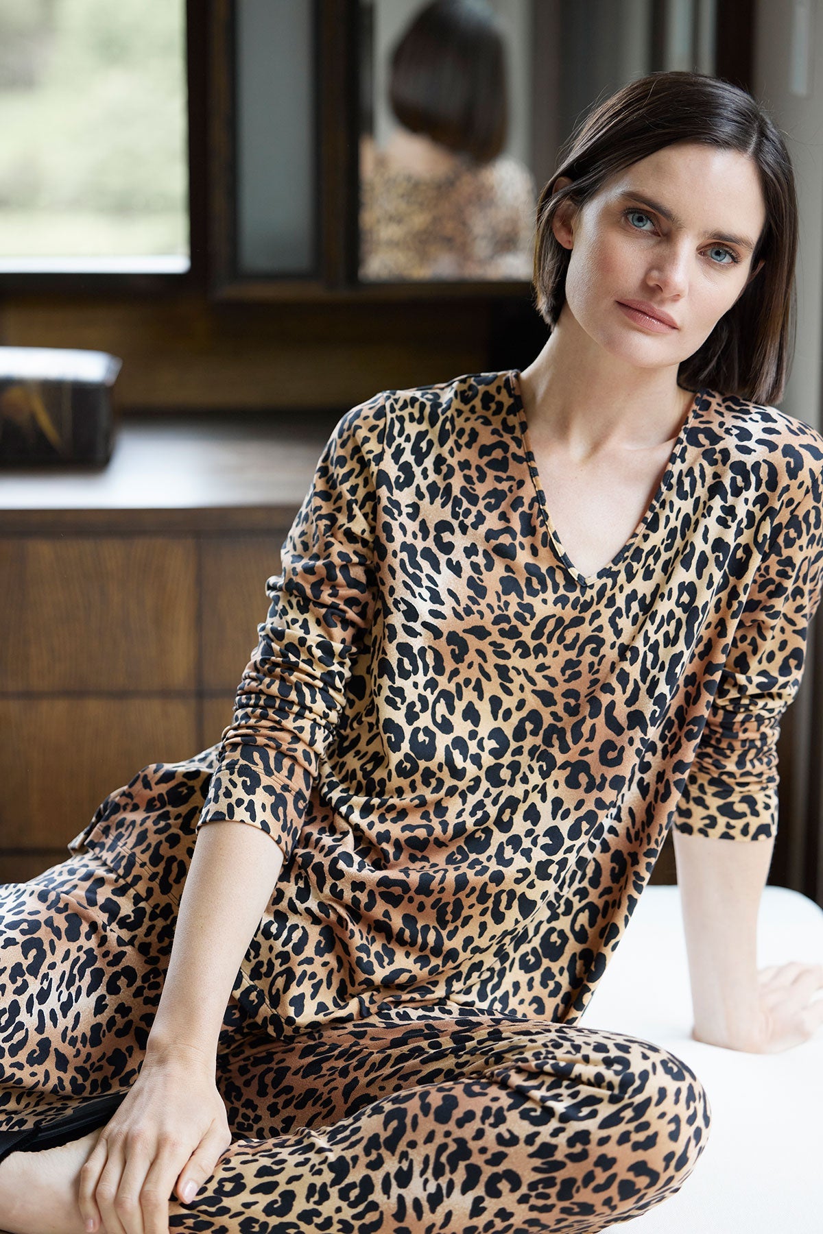 Exotic Animal Cozy Knit V-Neck PJ Natural