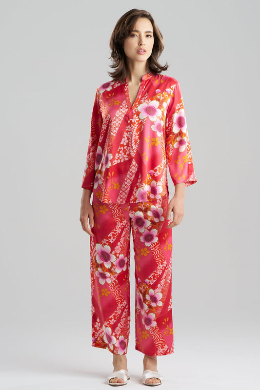 Magnolia Printed Satin Mandarin PJ Set Deep Rasberry