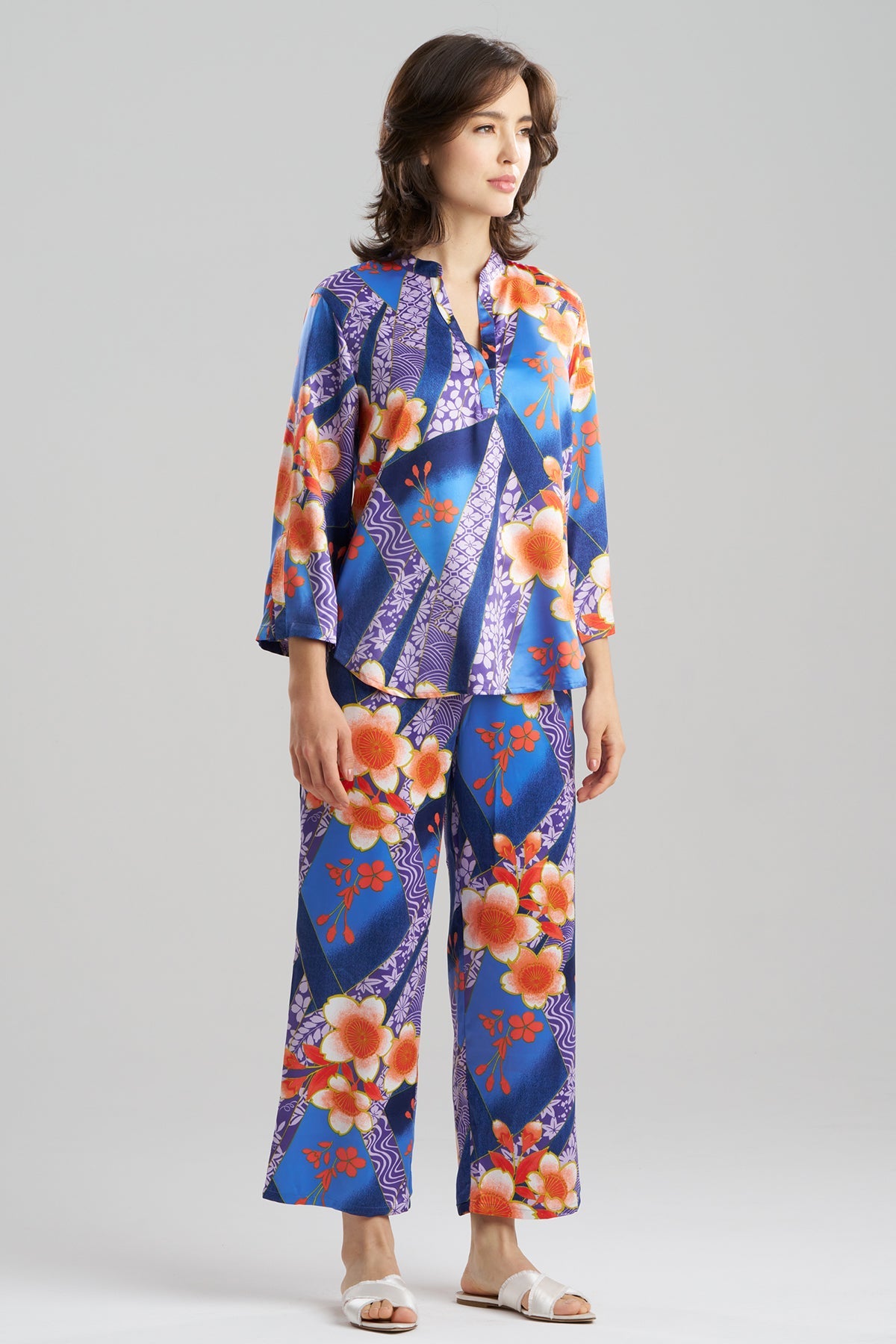 Magnolia Printed Satin Mandarin PJ Set Blueberry