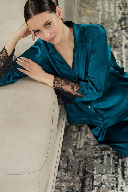 Lolita Lace Trim Silk Notch PJ Spruce
