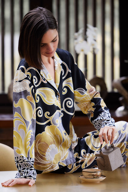 Deco Printed Charmeuse Notch PJ Black/Gold