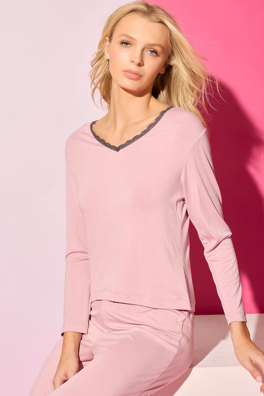Iris Bamboo Jersey Ease Long Sleeve Lace PJ Rose Quartz