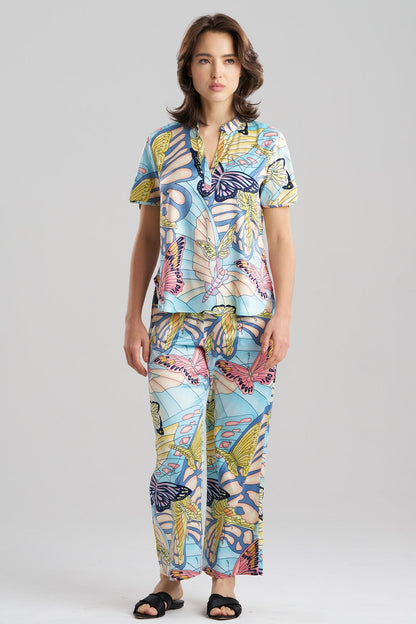Papillon Printed Satin Mandarin Short Sleeve PJ Set Blue