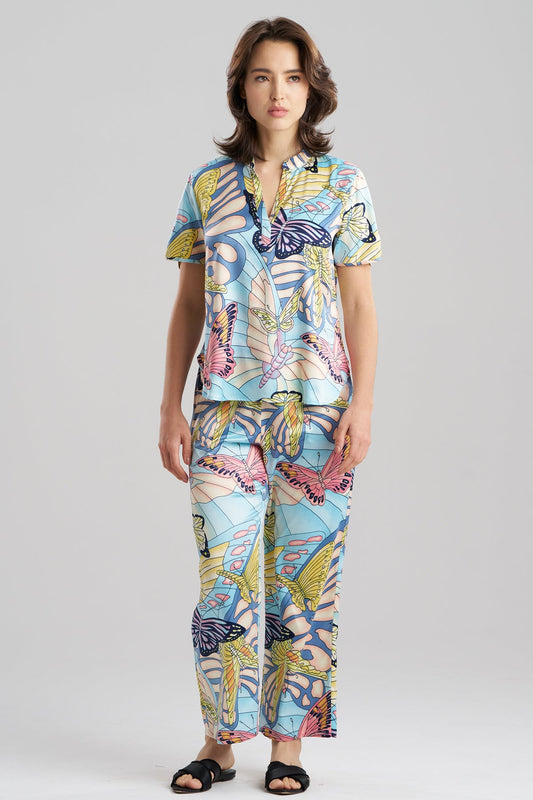 Papillon Printed Satin Mandarin Short Sleeve PJ Set Blue