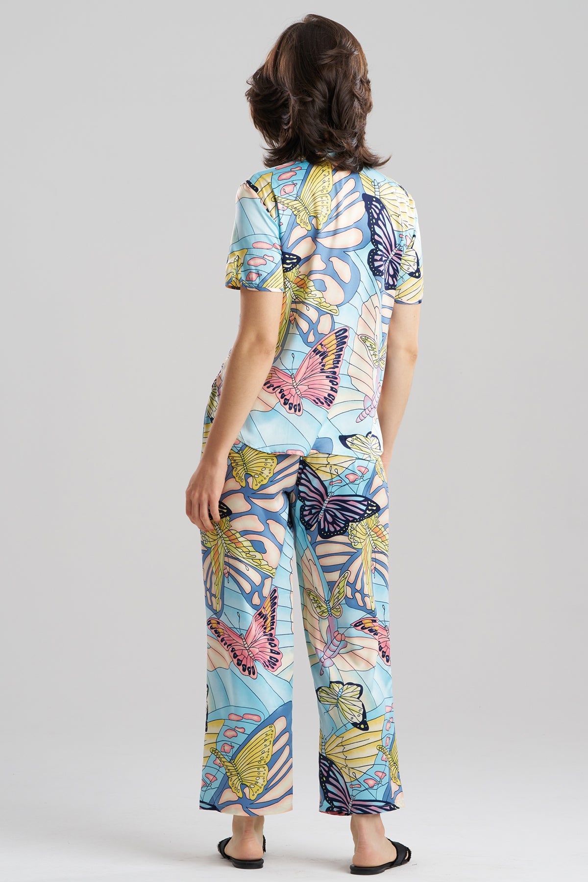 Papillon Printed Satin Mandarin Short Sleeve PJ Set Blue