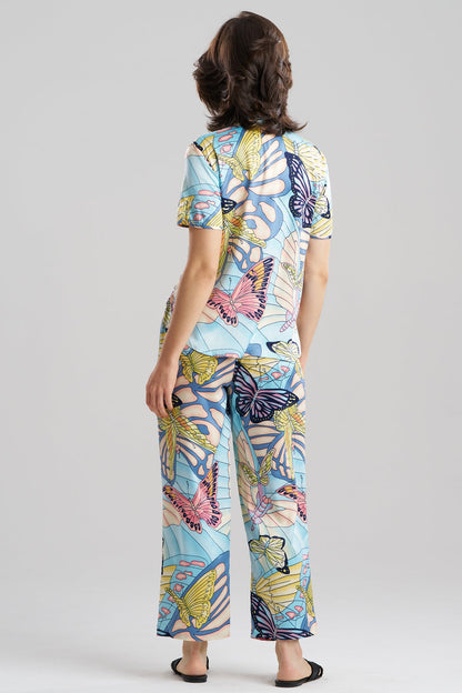 Papillon Printed Satin Mandarin Short Sleeve PJ Set Blue