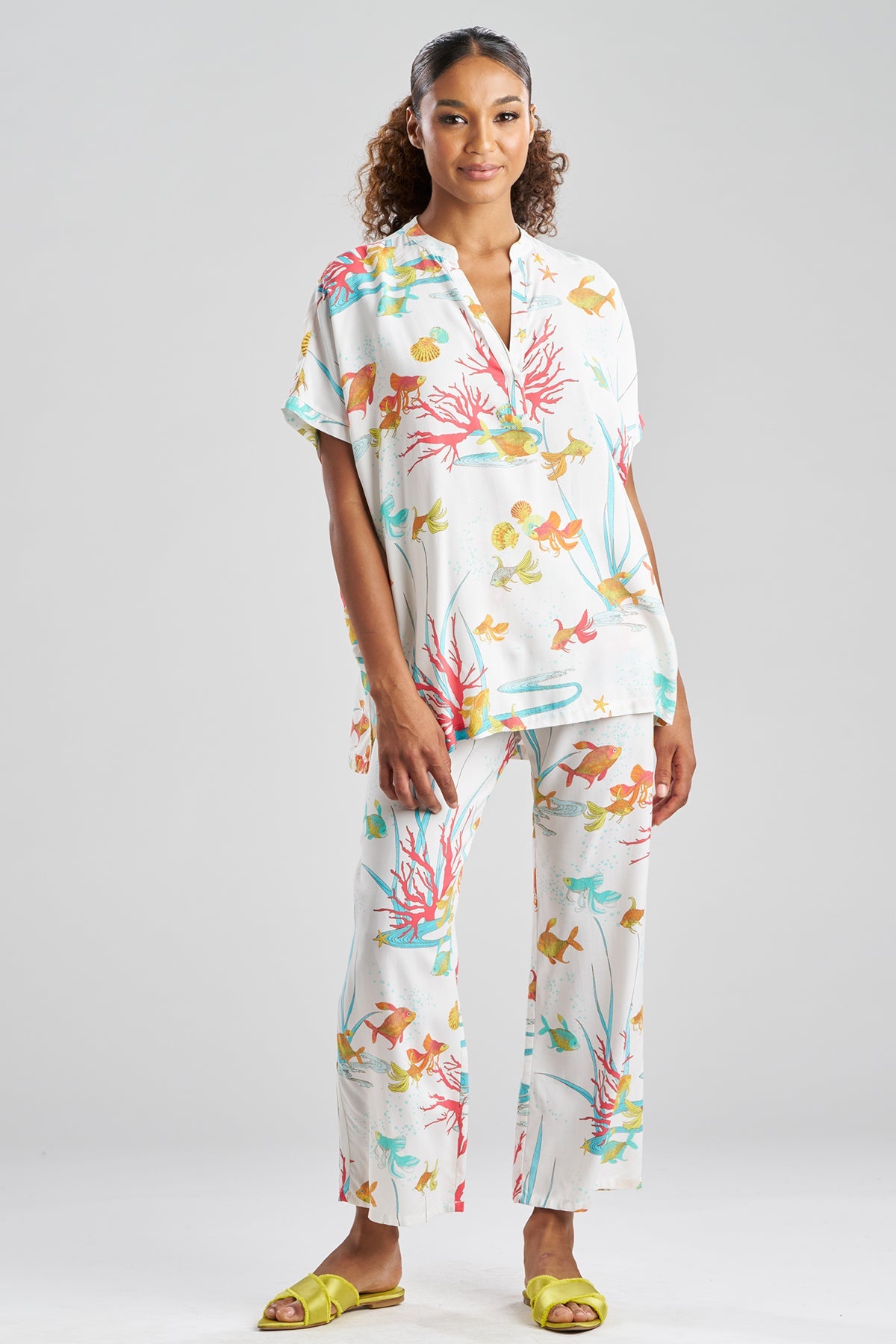 Ocean's Embrace Printed Challis Mandarin PJ Set Warm White
