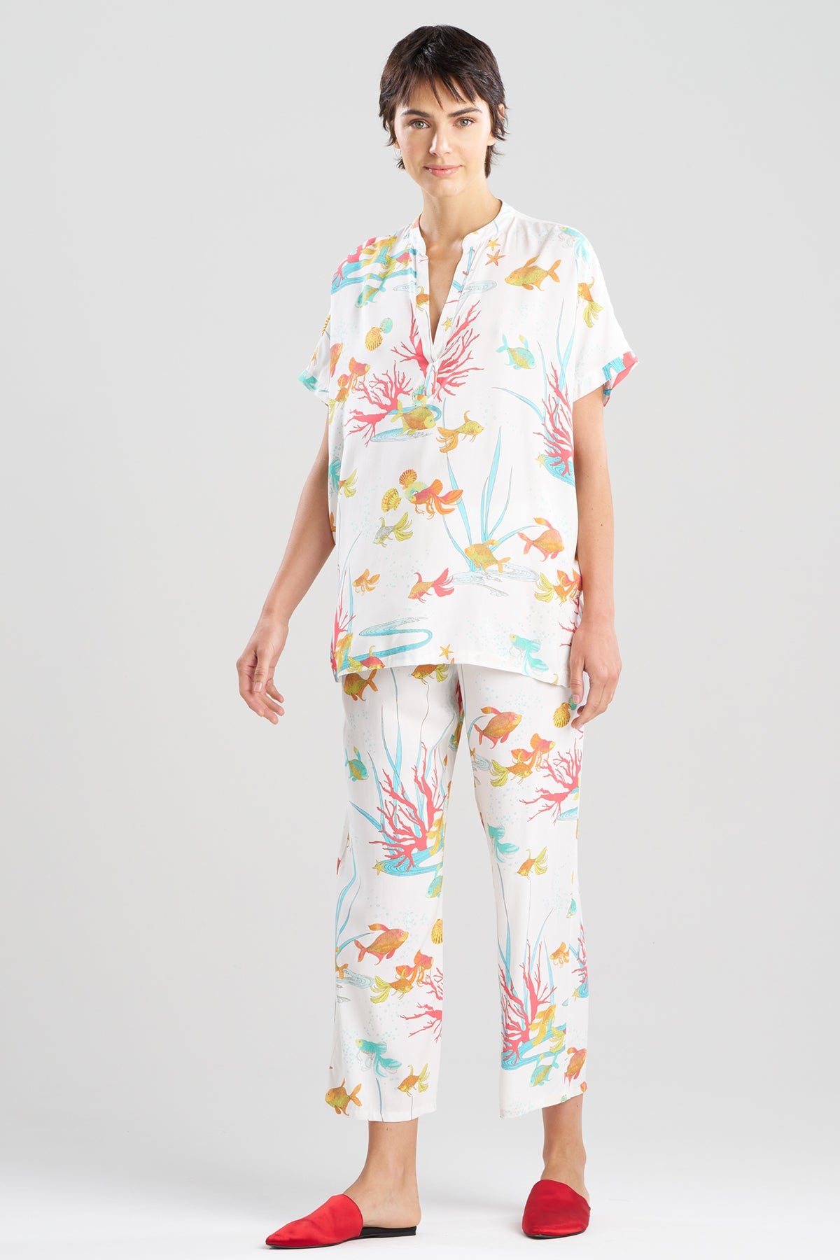 Ocean's Embrace Printed Challis Mandarin PJ Set Warm White