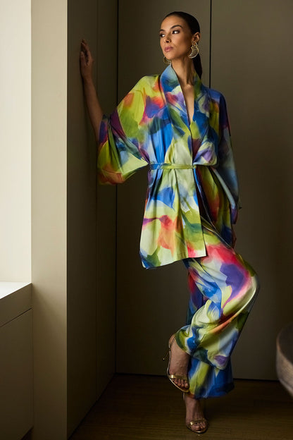 Kumo Printed Stretch Satin Kimono Wrap Kumo Multi