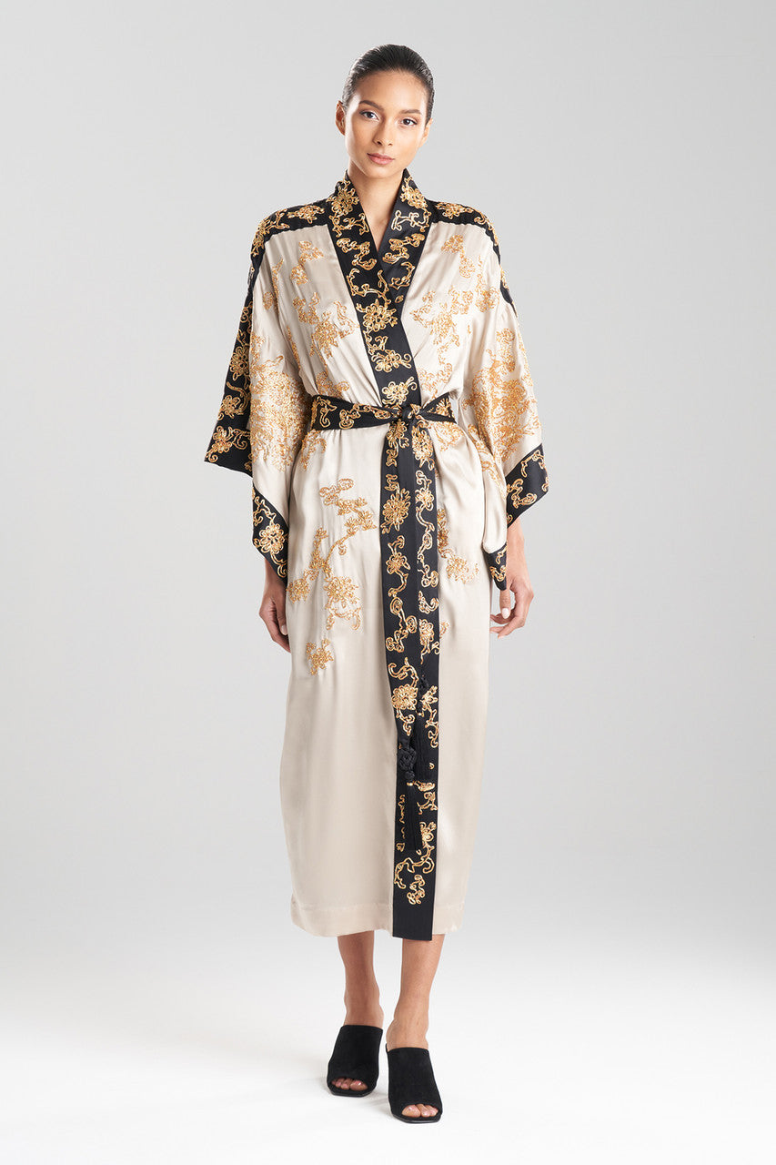 Buy Couture Dragon Embroidered Drop Sleeve Silk Robe in Parchment Online Parchment