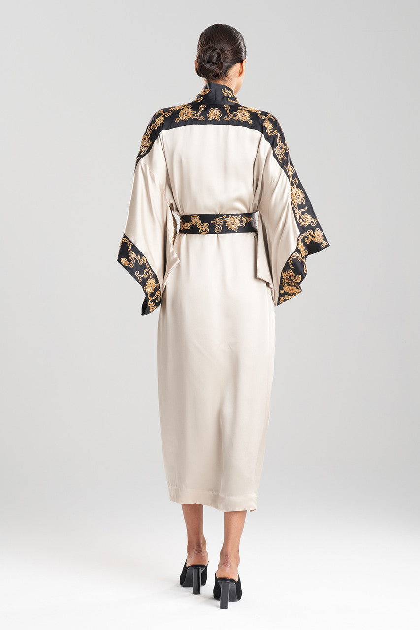 Buy Couture Dragon Embroidered Drop Sleeve Silk Robe in Parchment Online Parchment