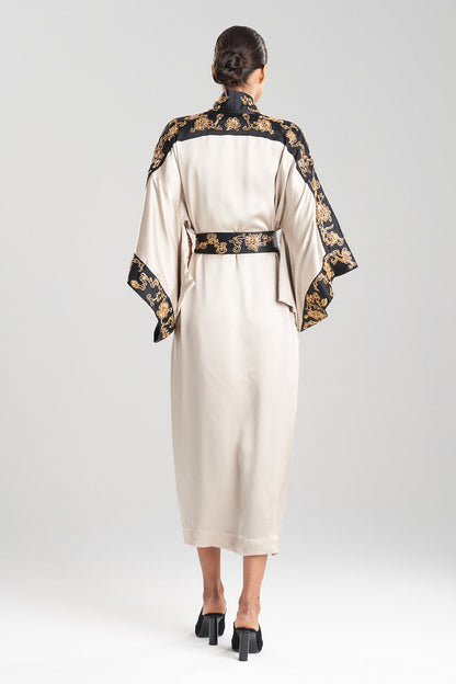 Buy Couture Dragon Embroidered Drop Sleeve Silk Robe in Parchment Online Parchment
