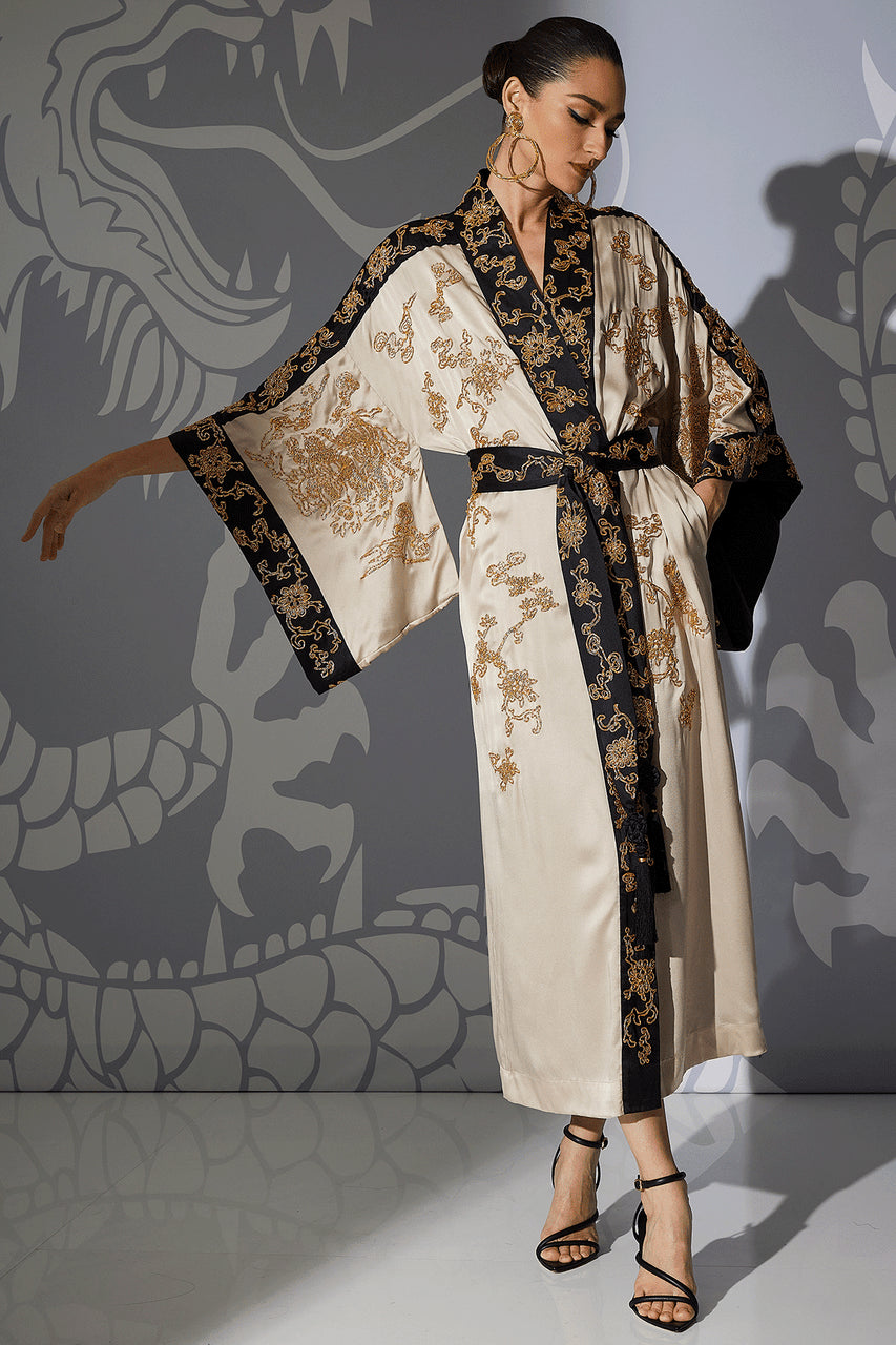 Buy Couture Dragon Embroidered Drop Sleeve Silk Robe in Parchment Online Parchment