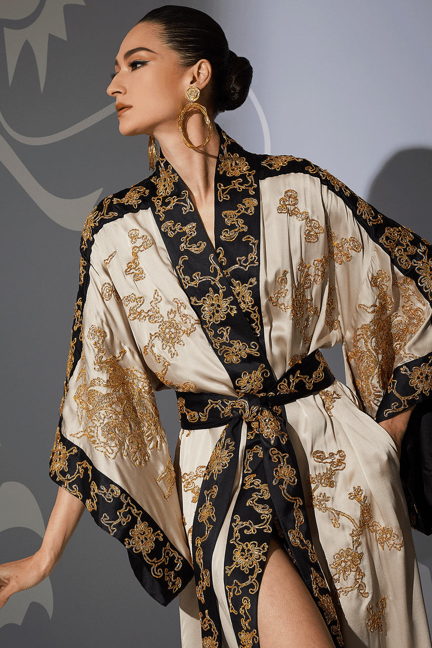 Buy Couture Dragon Embroidered Drop Sleeve Silk Robe in Parchment Online Parchment