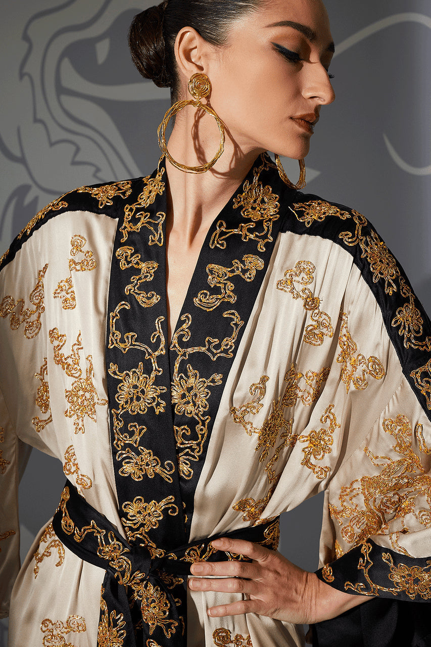 Buy Couture Dragon Embroidered Drop Sleeve Silk Robe in Parchment Online Parchment