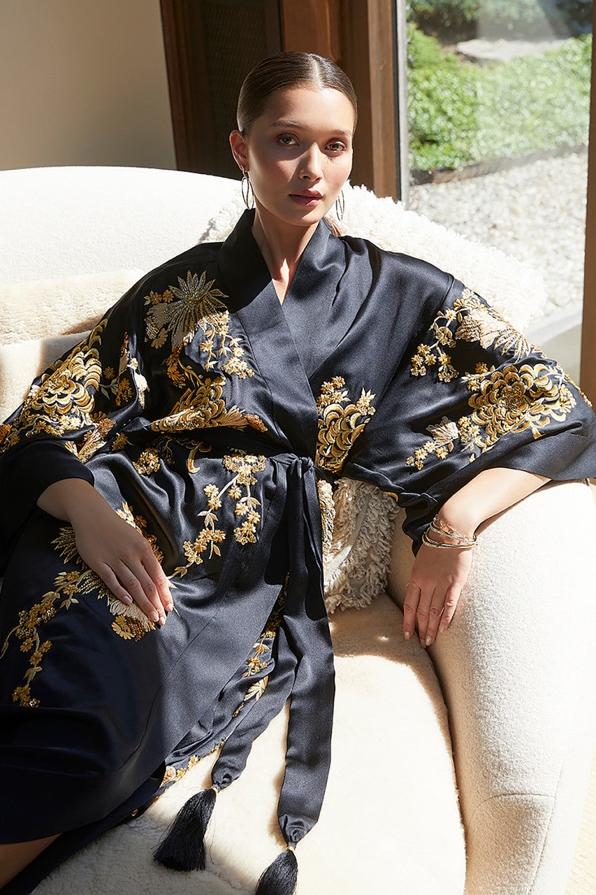 Buy Couture Floral Embroidery Silk Robe in Black Online Black