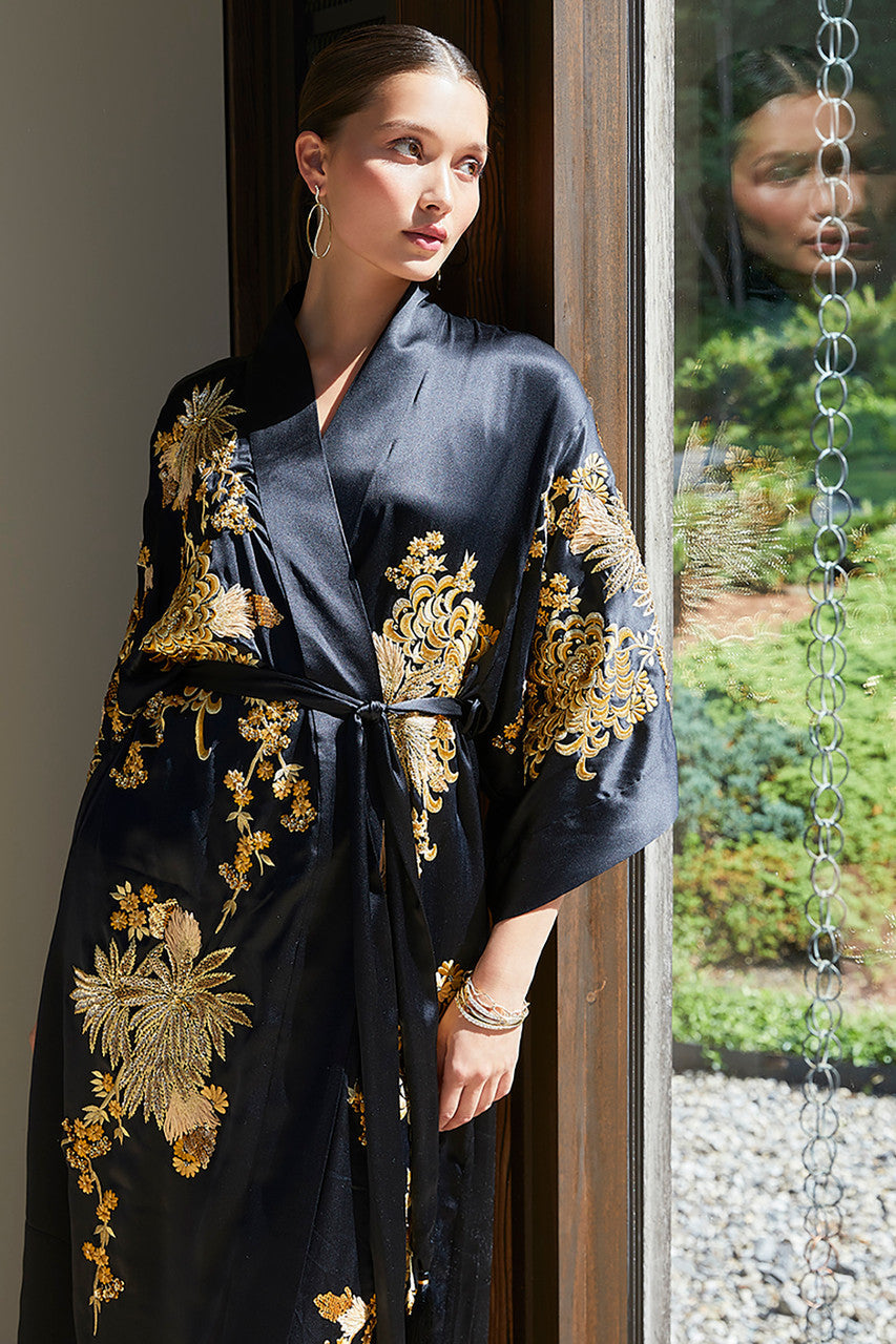 Buy Couture Floral Embroidery Silk Robe in Black Online Black
