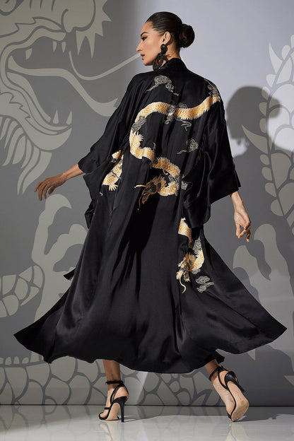 Buy Couture Lucky Dragon Embroidered Silk Robe in Black Online Black