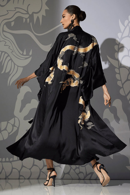 Buy Couture Lucky Dragon Embroidered Silk Robe in Black Online Black