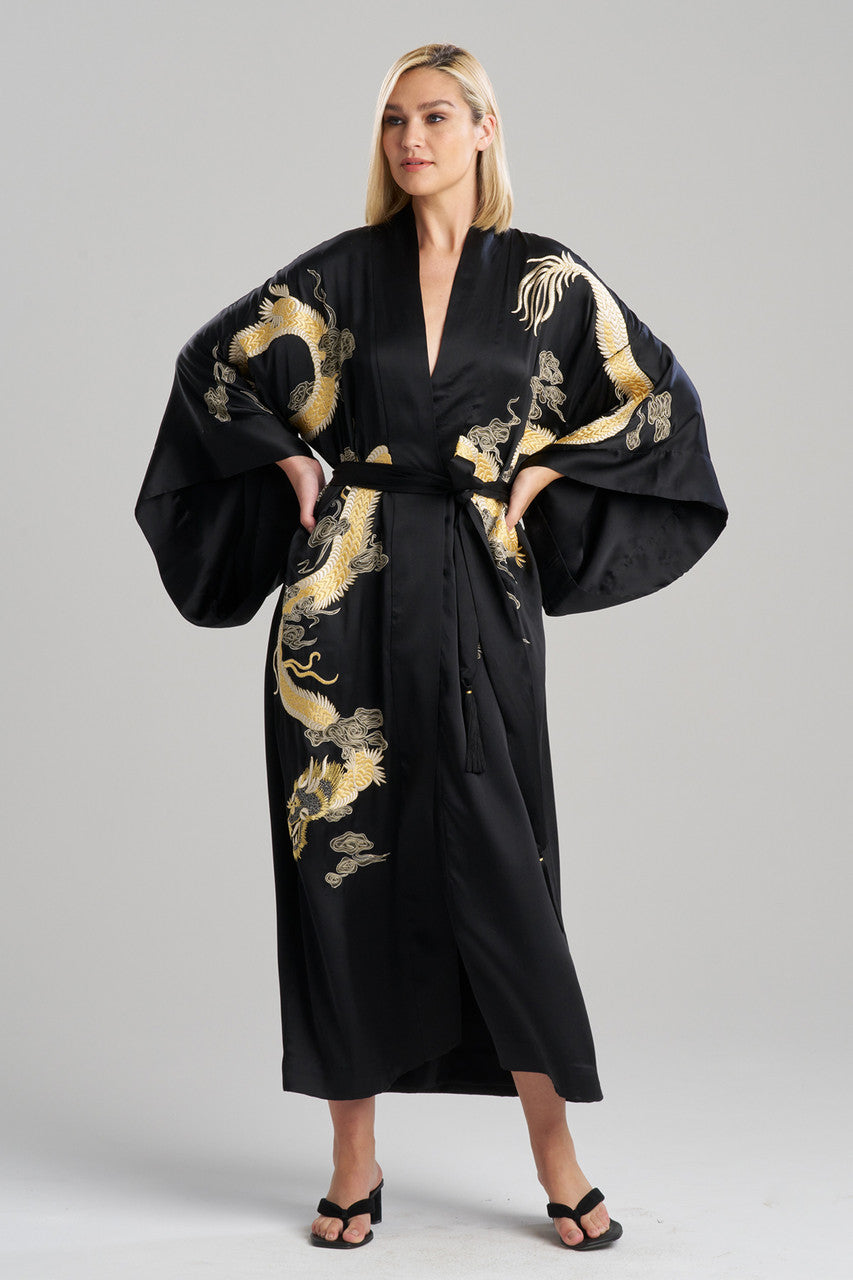 Buy Couture Lucky Dragon Embroidered Silk Robe in Black Online Black