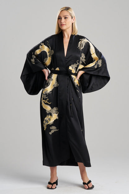 Buy Couture Lucky Dragon Embroidered Silk Robe in Black Online Black