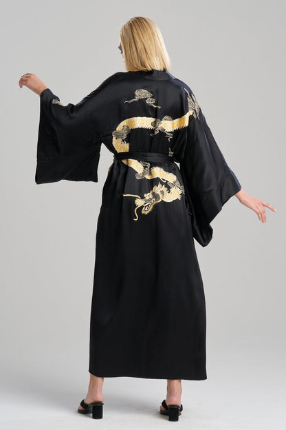 Buy Couture Lucky Dragon Embroidered Silk Robe in Black Online Black