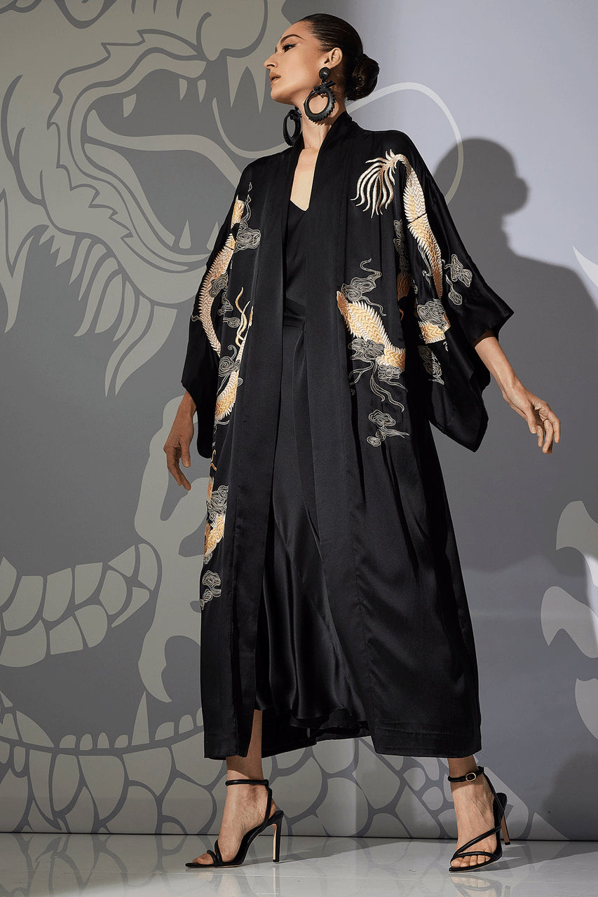 Buy Couture Lucky Dragon Embroidered Silk Robe in Black Online Black