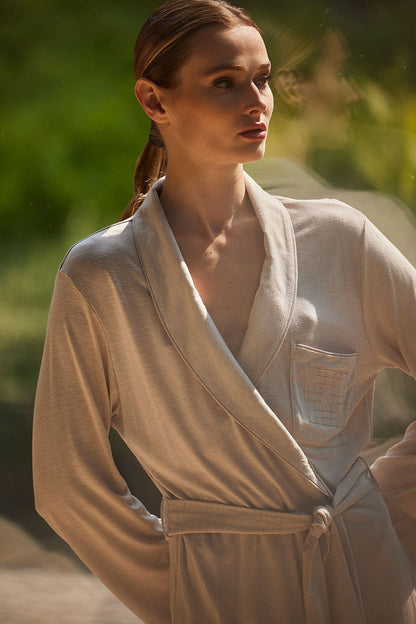 Buy Shangri-La Embroidered Robe in Heather Cashmere Online Heather Cashmere
