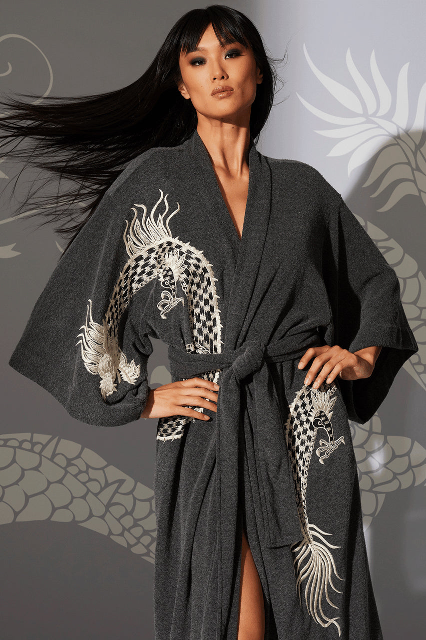 Buy Kham Dragon Embroidered Robe in Black Online Black