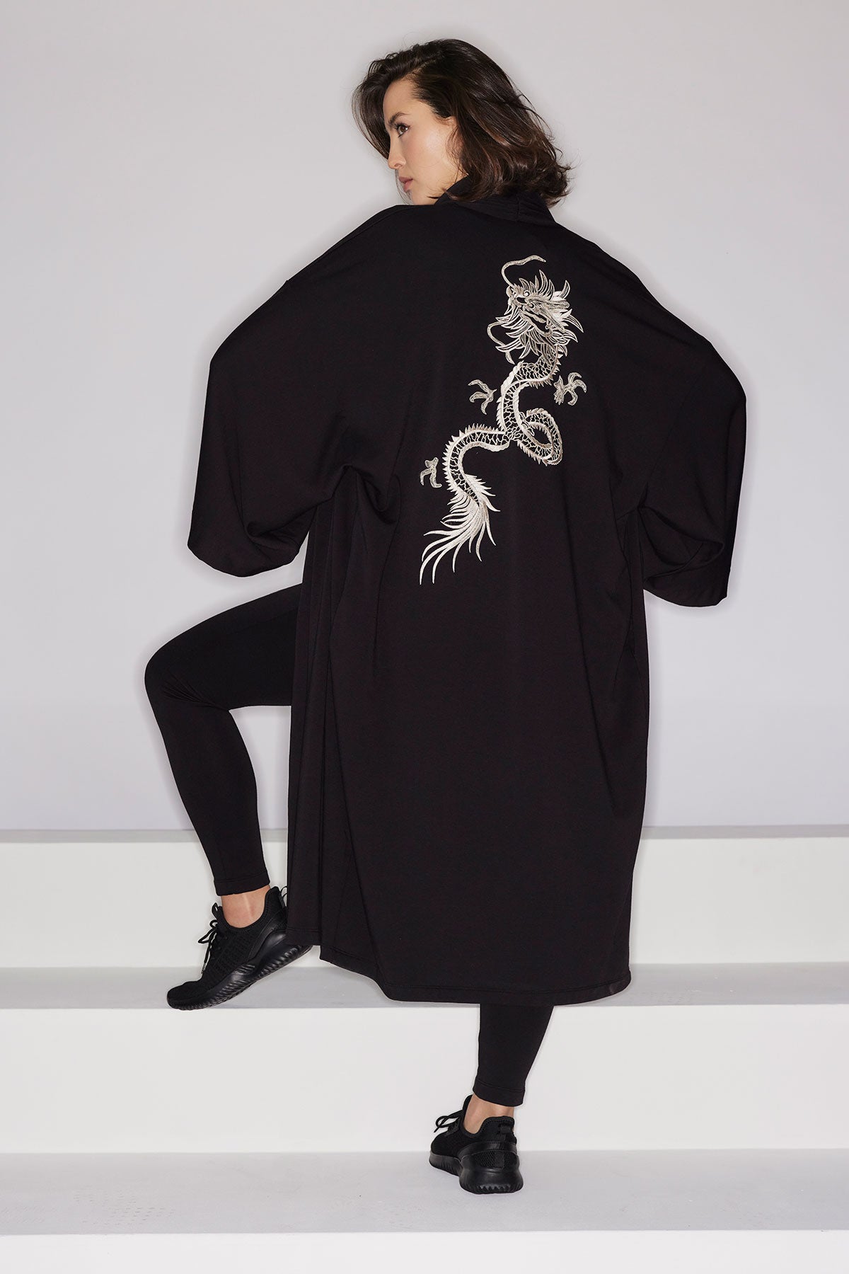 Cocoon Brushed French Terry Dragon Embroidered Robe Black