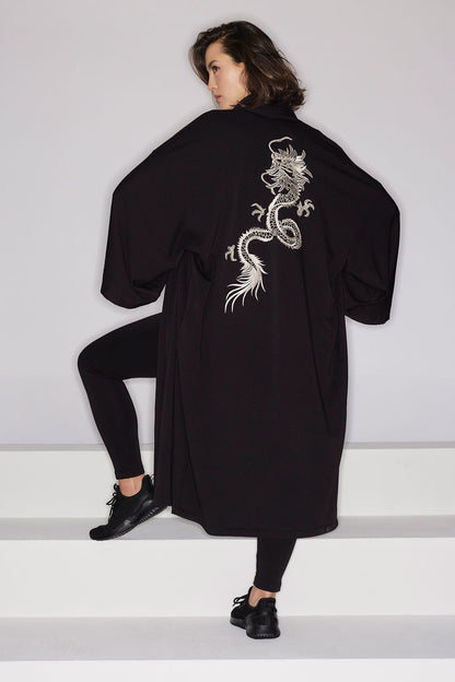 Cocoon Brushed French Terry Dragon Embroidered Robe Black
