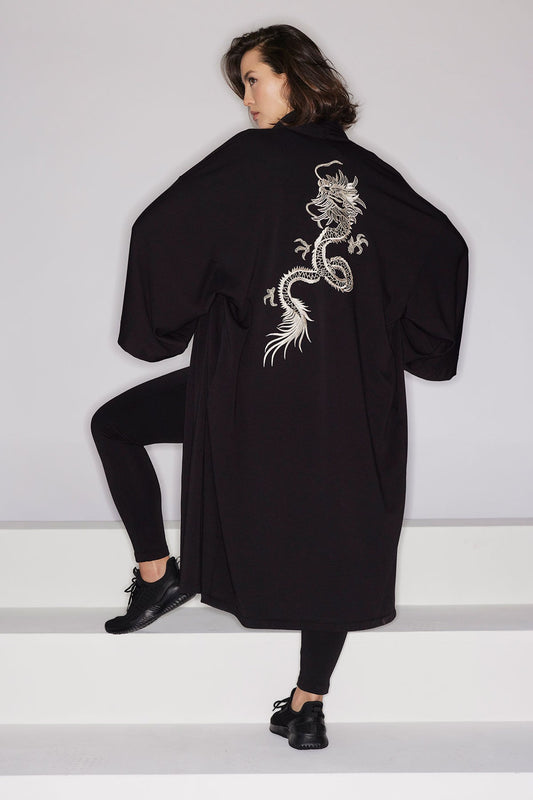 Cocoon Brushed French Terry Dragon Embroidered Robe Black