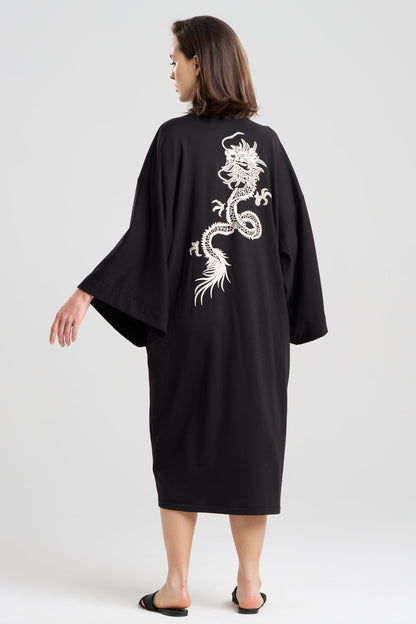 Cocoon Brushed French Terry Dragon Embroidered Robe Black