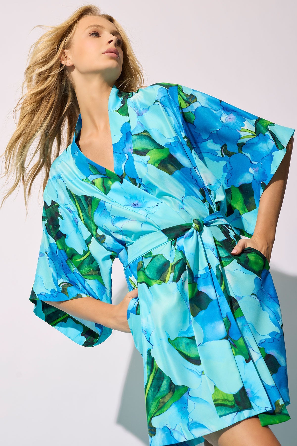 Isla Printed Satin Wrap Blue