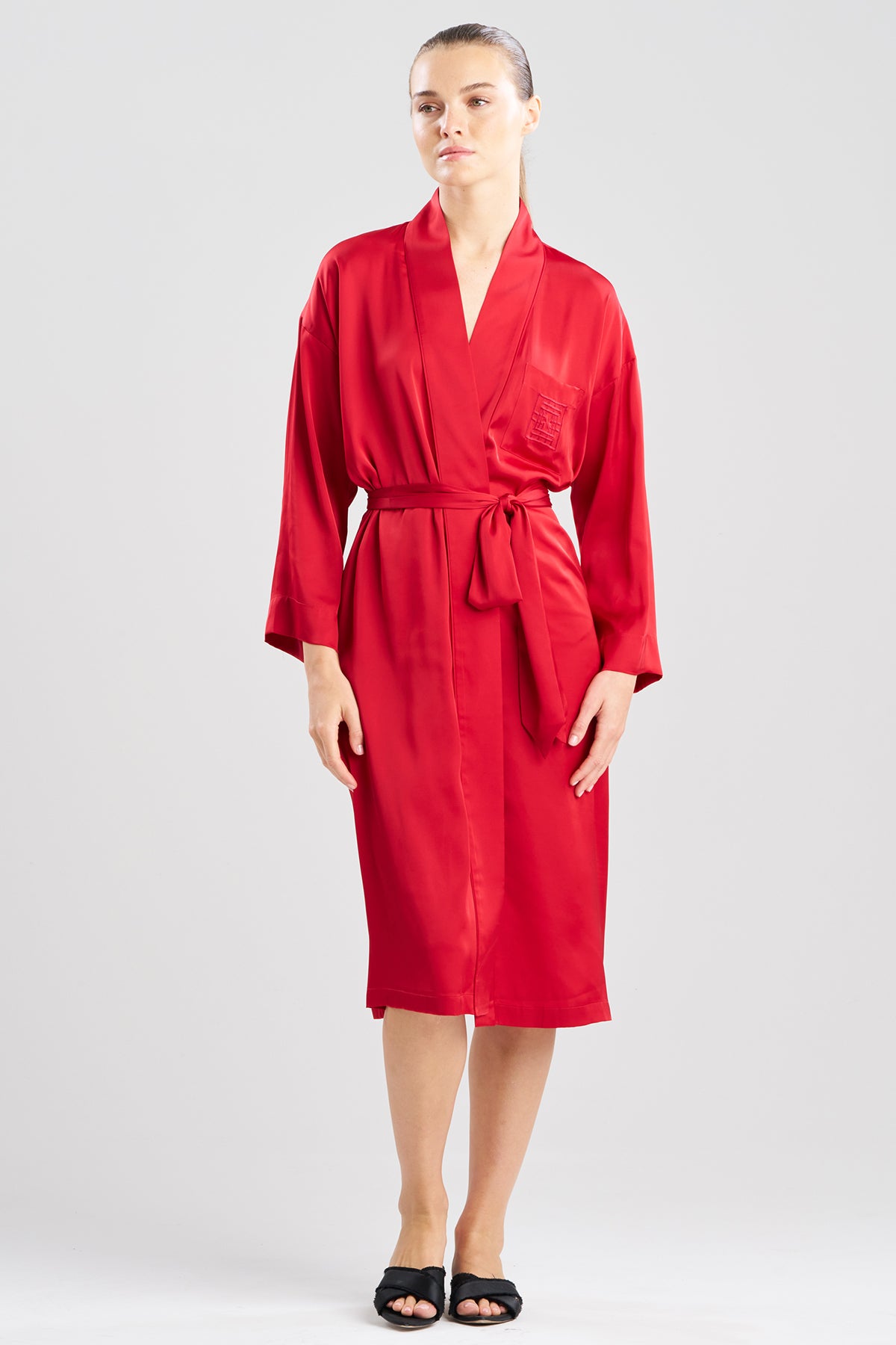 Satin Essentials Embroidered Robe Brocade Red